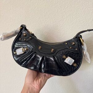 PU | Black Punk Grommet Croc Embossed Moto Chain Rock Crossbody Bag B3